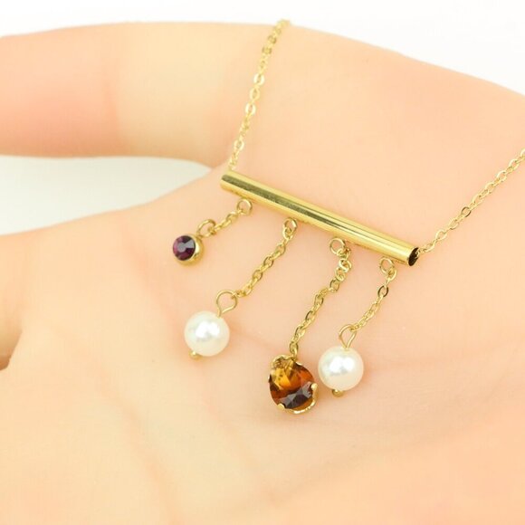 Yellow Gold Plated Pearl Drop Necklace with Crystal Charms, XPNL0361 - Picture 5 of 13